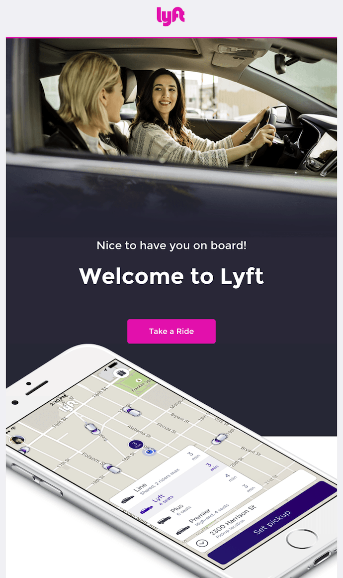 Lyft欢迎有粉色CTA的电子邮件开始