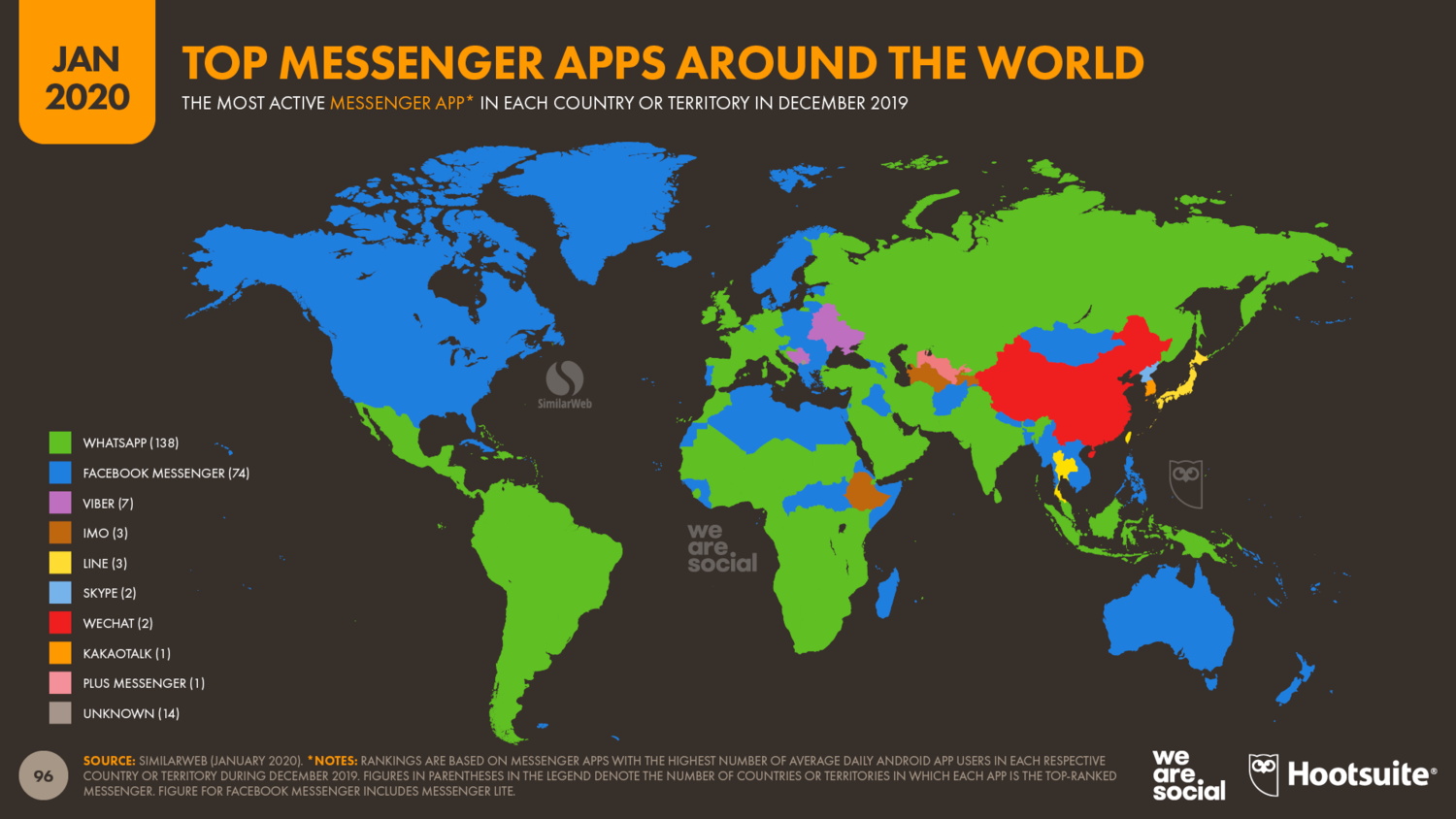 地图显示了世界各地最受欢迎的即时通讯软件。