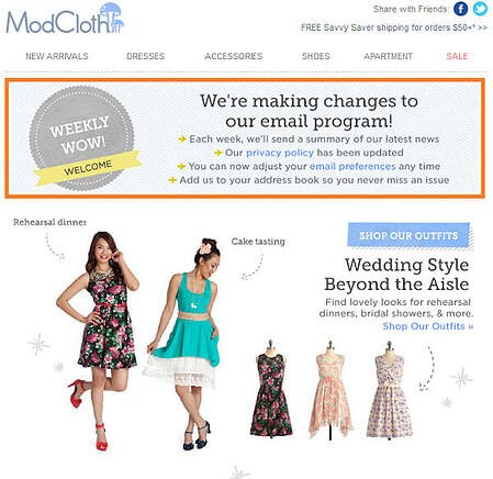 电子邮件营销活动示例：Modcloth-“我们正在对电子邮件计划进行更改！”