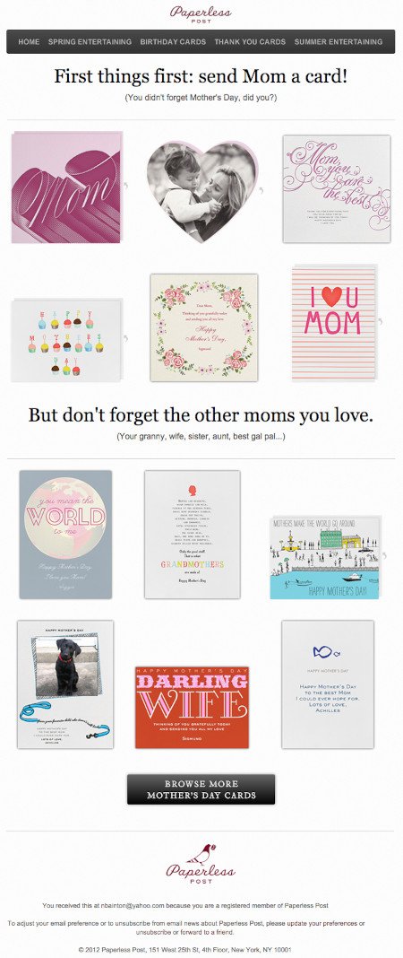电子邮件营销活动的例子:无纸化邮寄——“你没忘记母亲节吧?”