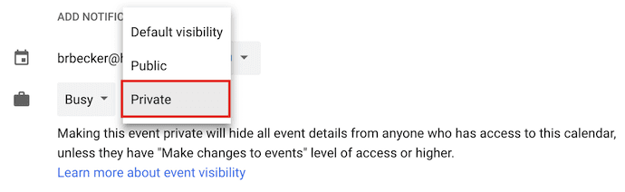 下拉菜单使事件在谷歌日历私有