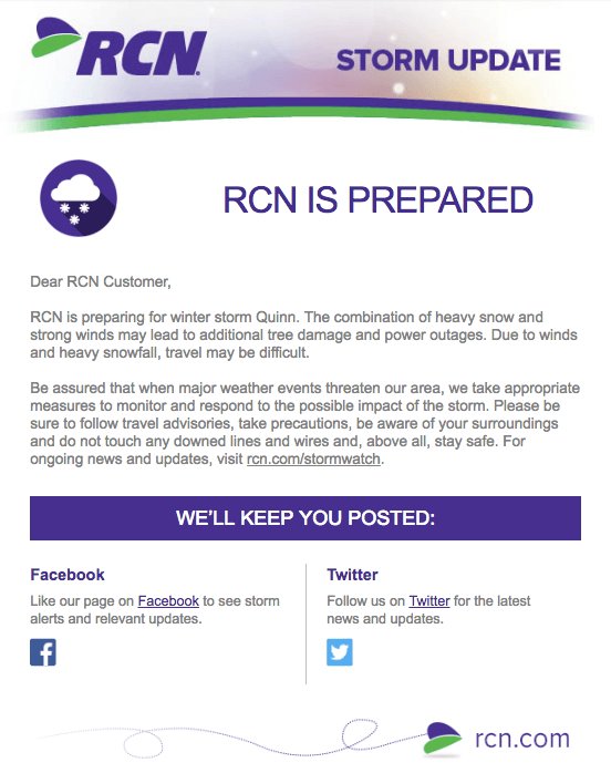 RCN的电子邮件营销活动示例提醒用户冬季风暴更新