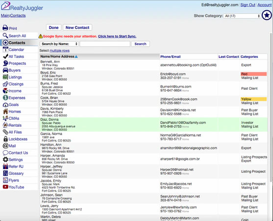 Realtyjuggler房地产CRM显示联系人列表
