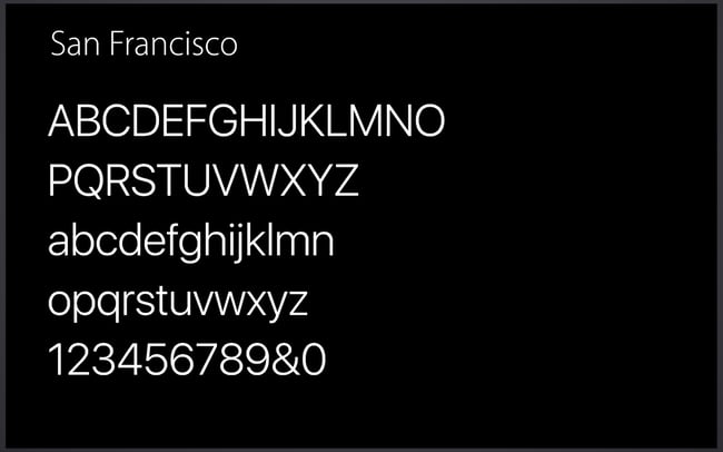 Apple专有字体的演示卡，名为旧金山