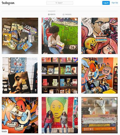 品牌标识在分号图书的instagram页面上的体现:芝加哥的背景，书籍，以及喜欢这一切的读者