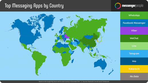 世界地图在全球的不同国家显示最受欢迎的消息应用程序