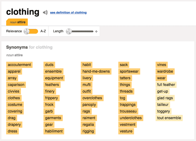 用Thesaurus.com搜索服装的同义词进行头脑风暴练习。