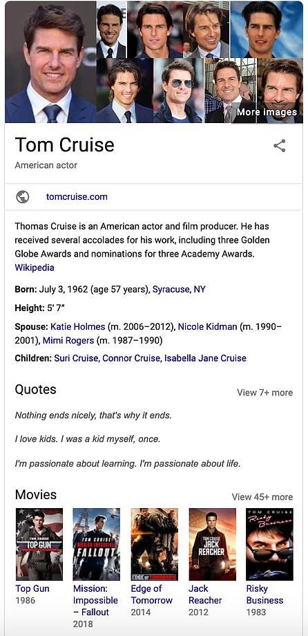 汤姆巡航知识图卡在谷歌上。
