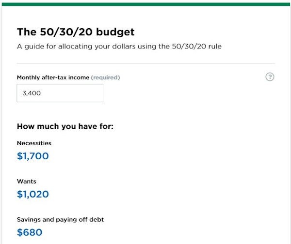 来自nerdwallet的工具示例，阅读“50/30/20预算”，是预算计算器