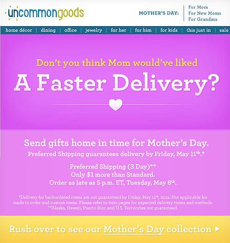 电子邮件营销活动示例：不寻常商品-“你不认为妈妈会喜欢更快的送货吗？”