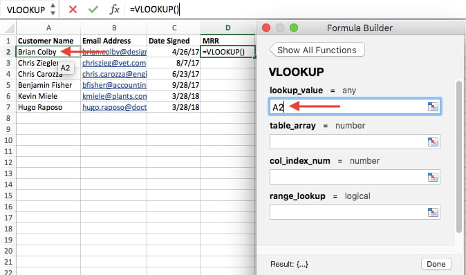 在Excel中的VLOOKUP公式生成器中查找值“width=