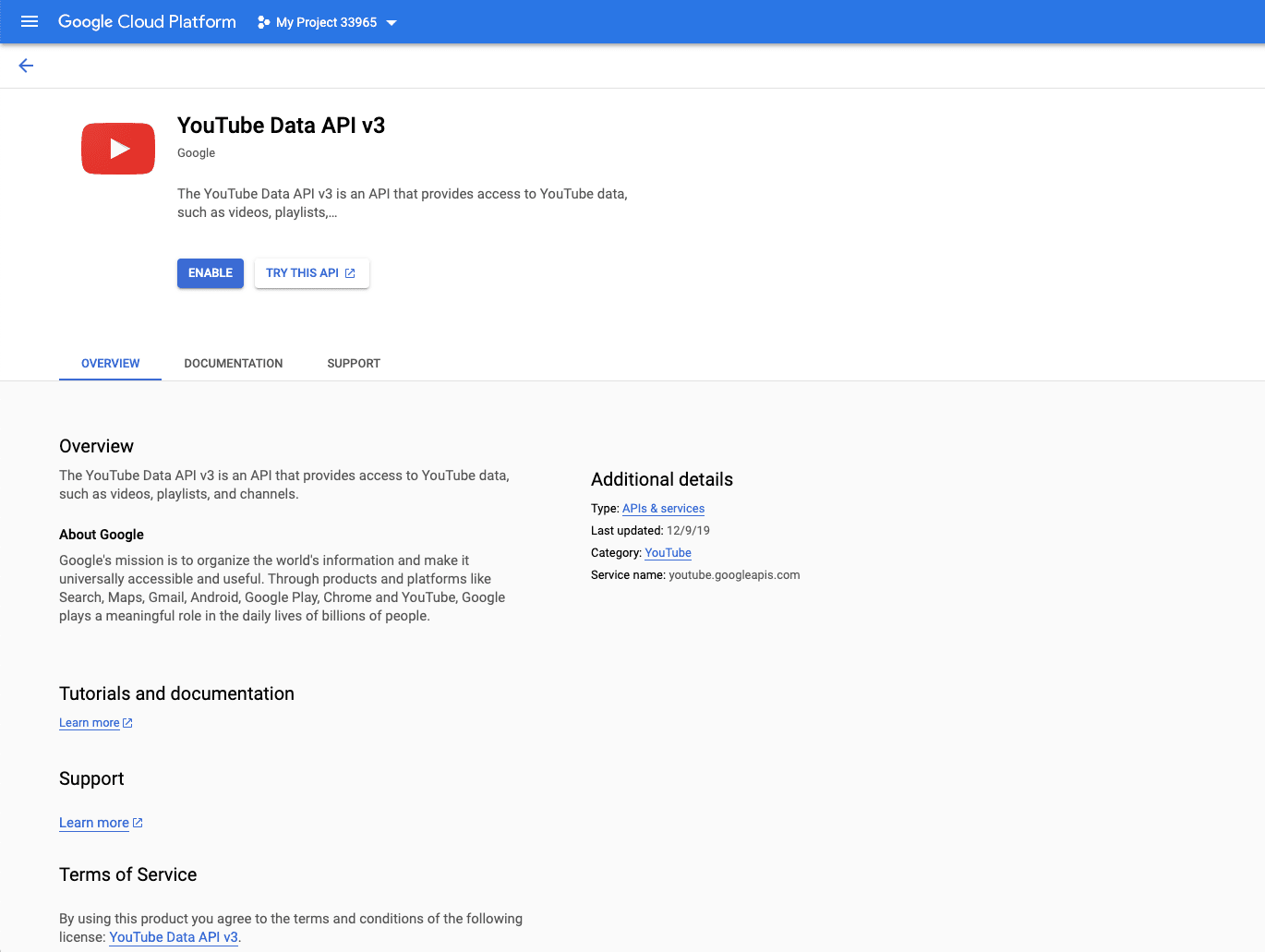 谷歌Developers Console的API库上的YouTube API页面