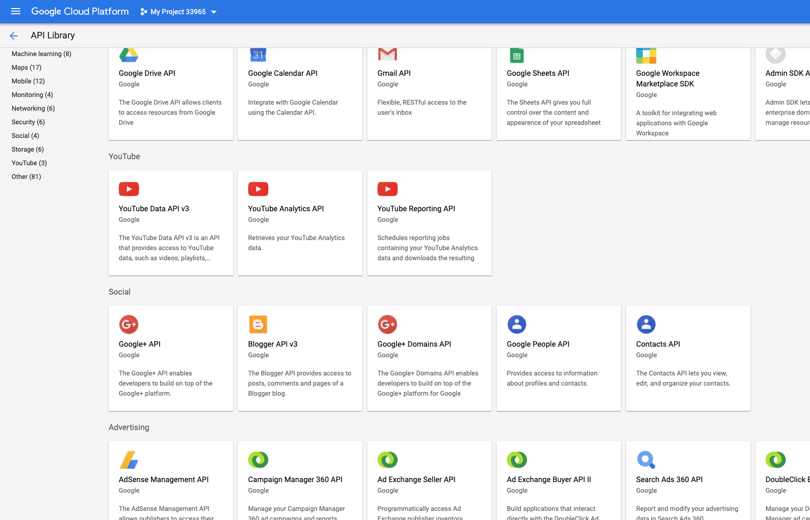谷歌的API库，YouTube API位于那里